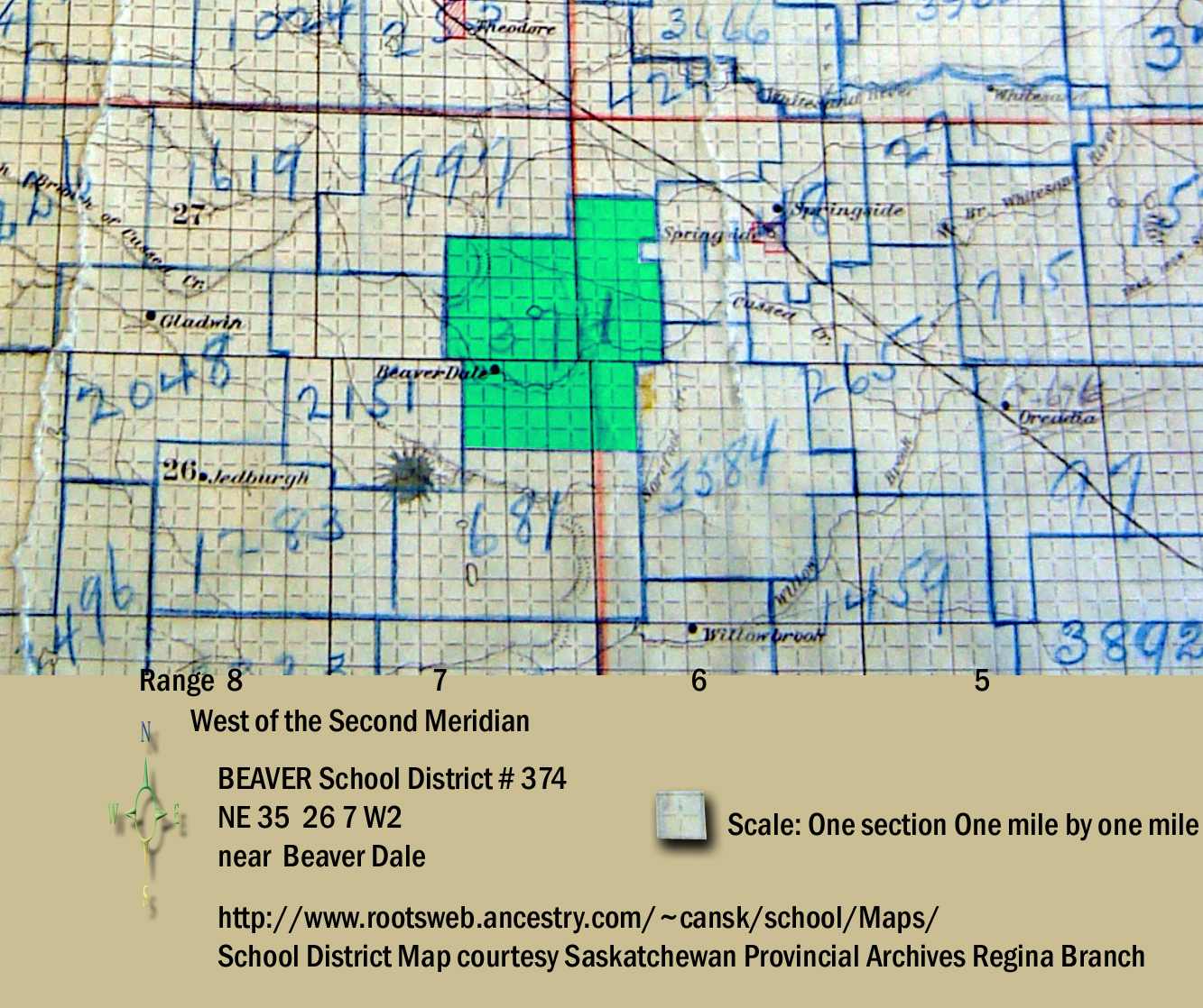 BEAVER School District 374 map, North East quarter of section 35 township 26 range 7 west of the second meridian , near Rock Dell, and Beaver Dale,   SASKATCHEWAN, CANADA